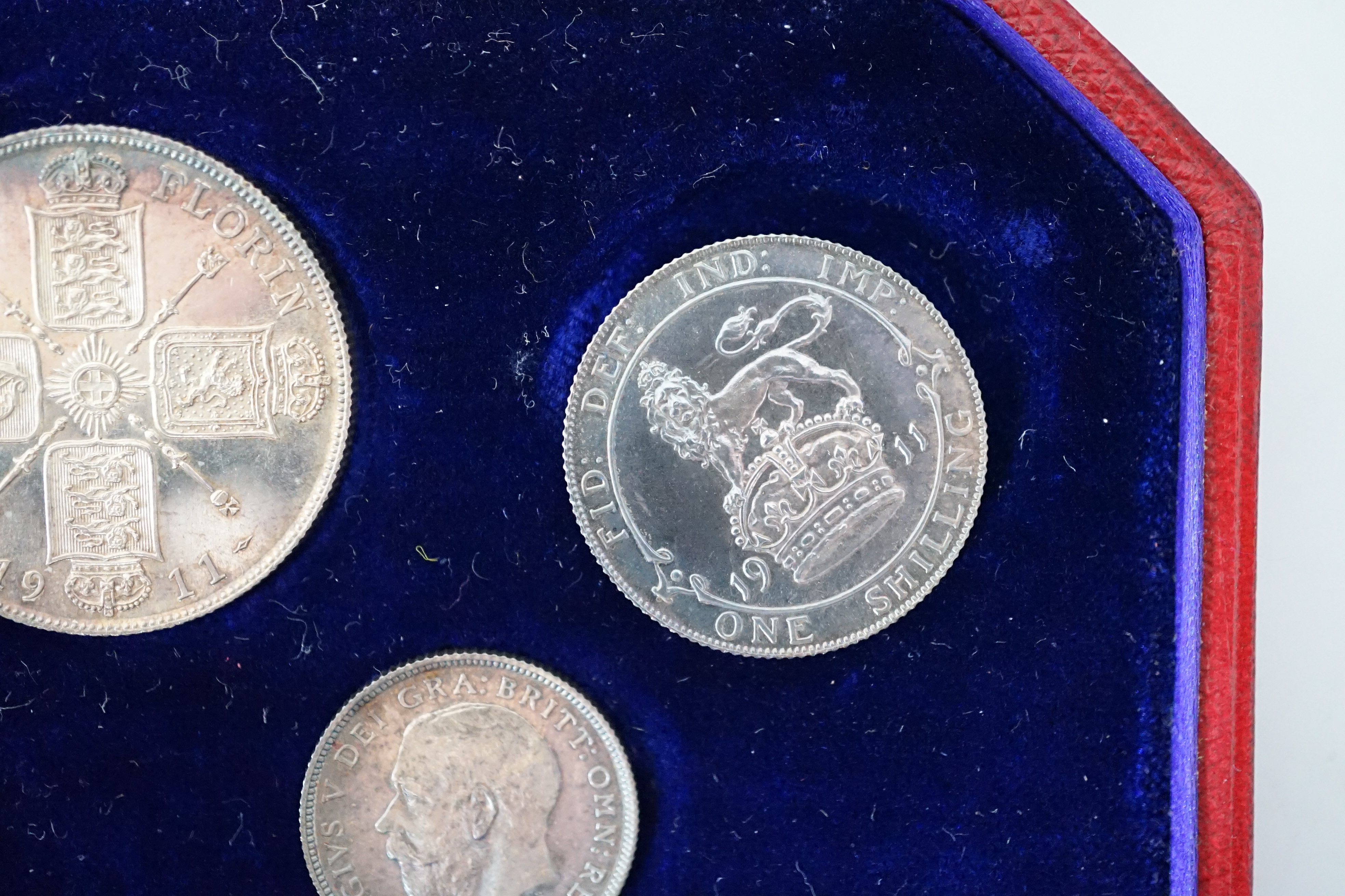 British Silver Coins, George V coronation specimen eight coin set, 1911, ranging from halfcrown to maundy penny, in case of issue